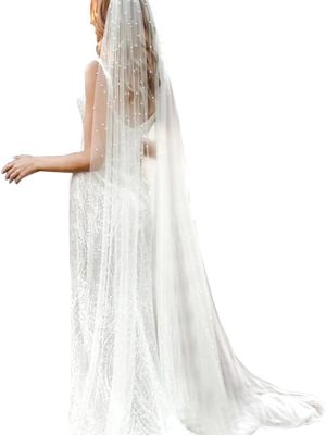 Long Wedding Bride Veil Pearl Chapel Length Veils For Women With Comb