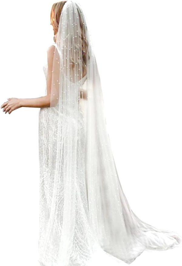 Long Wedding Bride Veil Pearl Chapel Length Veils For Women With Comb