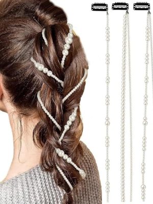 4 Pcs Premium Faux Pearls Hair Accessories Hand-made Imitation Pearl Hair Chains Hair Clip Wedding Artificial String of Pearls for Braids for Women,