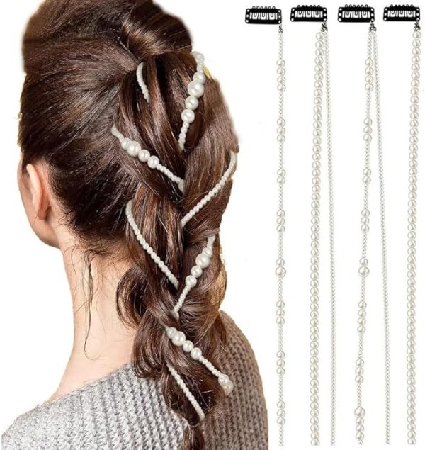 4 Pcs Premium Faux Pearls Hair Accessories Hand-made Imitation Pearl Hair Chains Hair Clip Wedding Artificial String of Pearls for Braids for Women,