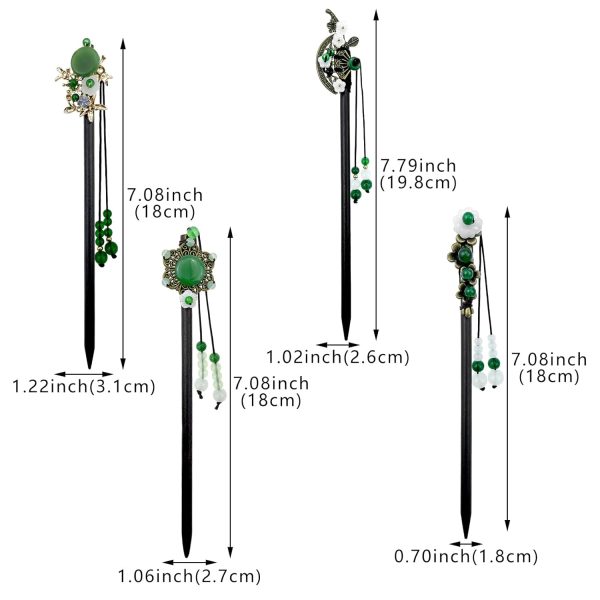 4 Pack Chinese Hair Stick for Buns Chinese Green Beads Flowers Hair Chopsticks Elegant Vintage Tassel Hair Stick Classical Styling Accessories for Women and Girls (4 Styles)
