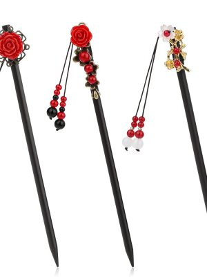 3 Pcs Chinese Hair Chopsticks Wooden Hair Sticks for Women Retro Wooden Hairpins Japanese Floral Hair Sticks Vintage Tassel Flower Hairpins Wooden Hair Accessories for Women Girls
