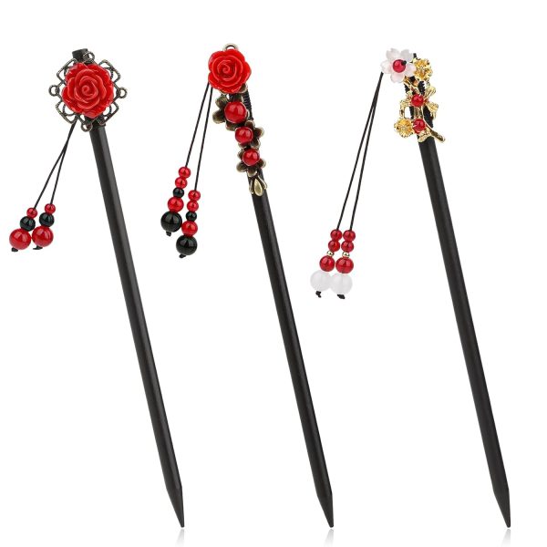 3 Pcs Chinese Hair Chopsticks Wooden Hair Sticks for Women Retro Wooden Hairpins Japanese Floral Hair Sticks Vintage Tassel Flower Hairpins Wooden Hair Accessories for Women Girls