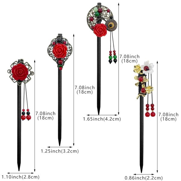 4 Pack Chinese Wooden Hair Stick for Buns Retro Hair Chopsticks Red Flower Beads Styling Vintage Tassel Hair Stick Hair Accessories for Women and Girls Thin Hair (Red)