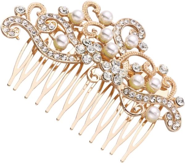 Crystal Bride Wedding Hair Comb, Pearl Hair Comb Crystal Headpiece Bridal Rhinestone Hair Clip Hair Accessories for Women Girls, Golden