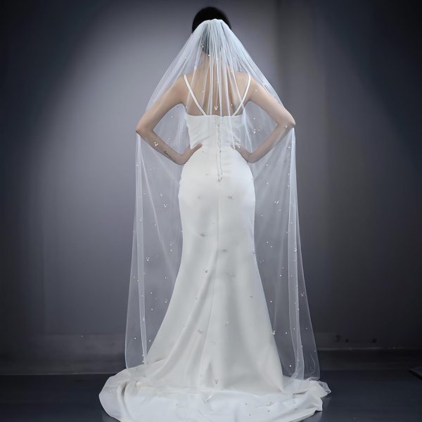 1 Tier Bridal Wedding Veil Pearl Chapel Length Tulle Hair Accessories with Comb