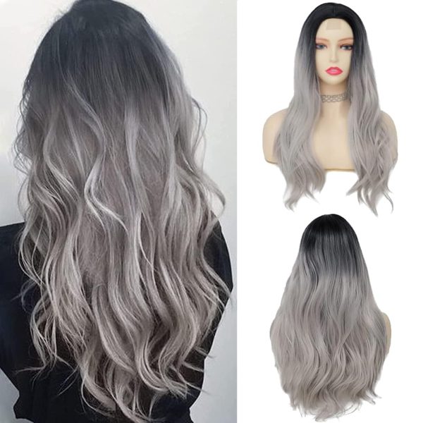 Gradient Black-Gray Long Wavy Wig