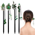 4 Pack Chinese Hair Stick for Buns Chinese Green Beads Flowers Hair Chopsticks Elegant Vintage Tassel Hair Stick Classical Styling Accessories for Women and Girls (4 Styles)