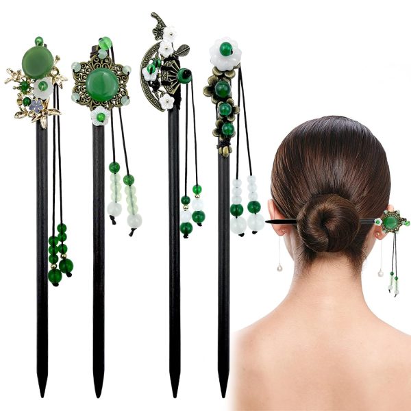 4 Pack Chinese Hair Stick for Buns Chinese Green Beads Flowers Hair Chopsticks Elegant Vintage Tassel Hair Stick Classical Styling Accessories for Women and Girls (4 Styles)