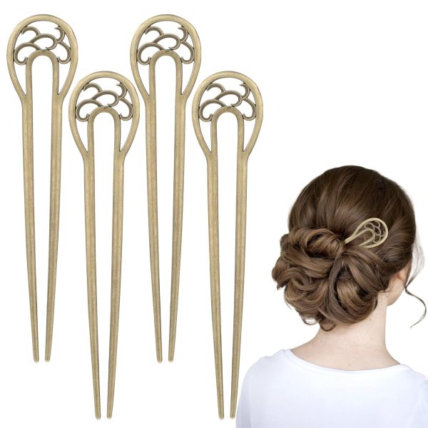 4 Pcs Metal U Shaped Hairpin, French Pins Vintage Hair Sticks Hair Fork Pins Hair Accessory for Women and Girls Hairstyles
