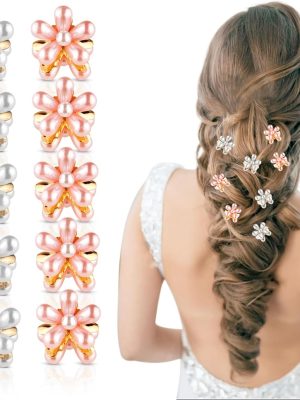 Korean Style Small Pearl Hair Claw Clips Mini Pearl Claw Clips with Flower Design, Sweet Artificial Bangs Clips Decorative Hair Accessories for Women's Girls Pack of 10 Pcs