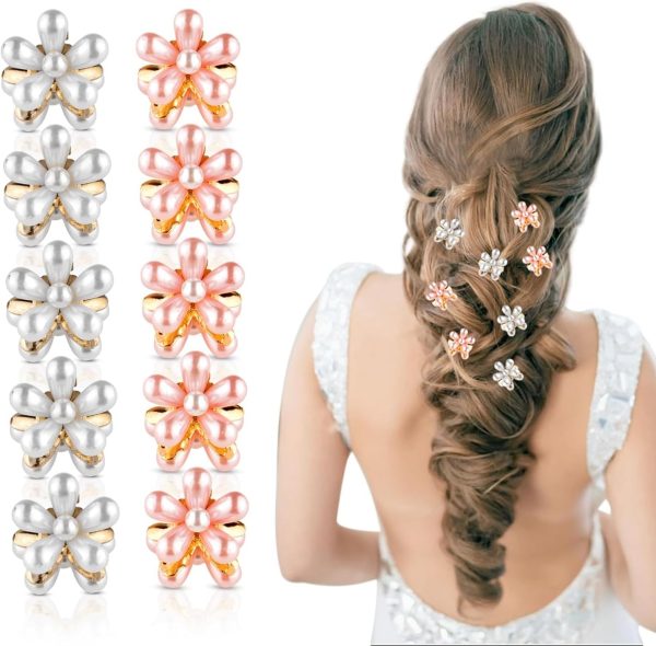 Korean Style Small Pearl Hair Claw Clips Mini Pearl Claw Clips with Flower Design, Sweet Artificial Bangs Clips Decorative Hair Accessories for Women's Girls Pack of 10 Pcs