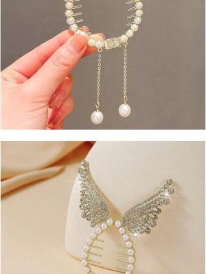 HAIR ACCESSORIES Korean Style Pearl Metal Hair Clips  Claw Clutcher With Tussle Stone Pearl Hair Accessories For Women Girls Pack-2