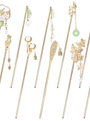 10 Pieces Decorative Vintage Retro Pearl Gold Metal Hair Sticks Pins with Pendants Chinese Hanfu Asian Flower Butterfly Hair Chopsticks Hair Bun Updo Holders Long Hairpins for Women Girls
