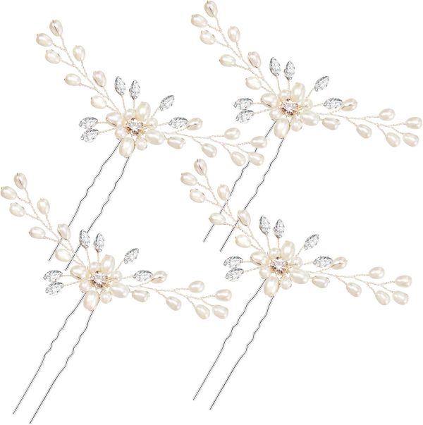 4 Pieces Pearl Hair Pins Bridal Hair Pins Wedding Pearl Rhinestones Headpiece Bride Hair Accessories for Women, Bride, Bridesmaid