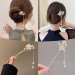 2PCS Hair Chopsticks, Hair Stick Butterfly Pearl Hair Pins Vintage Chignon Hair Accessories Headwear with Tassel 031
