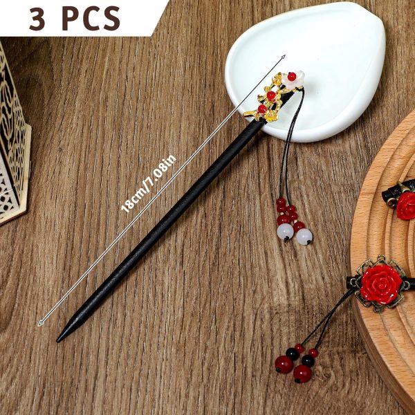 3 Pcs Chinese Hair Chopsticks Wooden Hair Sticks for Women Retro Wooden Hairpins Japanese Floral Hair Sticks Vintage Tassel Flower Hairpins Wooden Hair Accessories for Women Girls